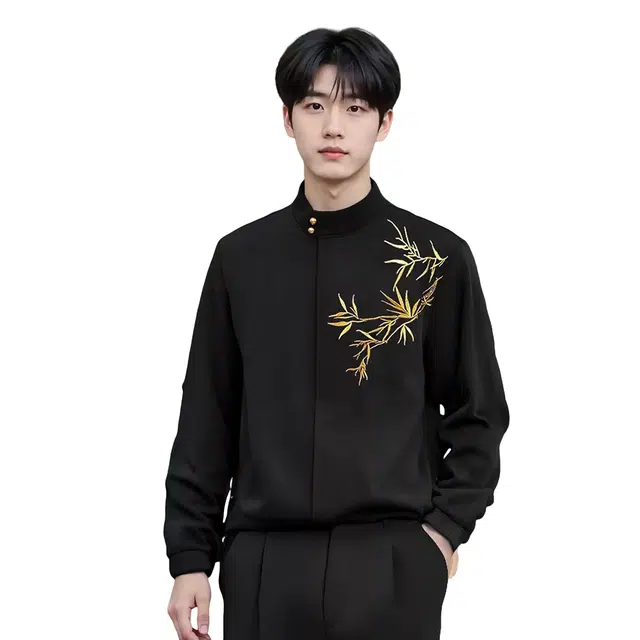 虫小绿 新中式立领长袖衬衣结婚订婚国风感设计竹叶刺绣免烫百搭上衣衬衫 男女同款