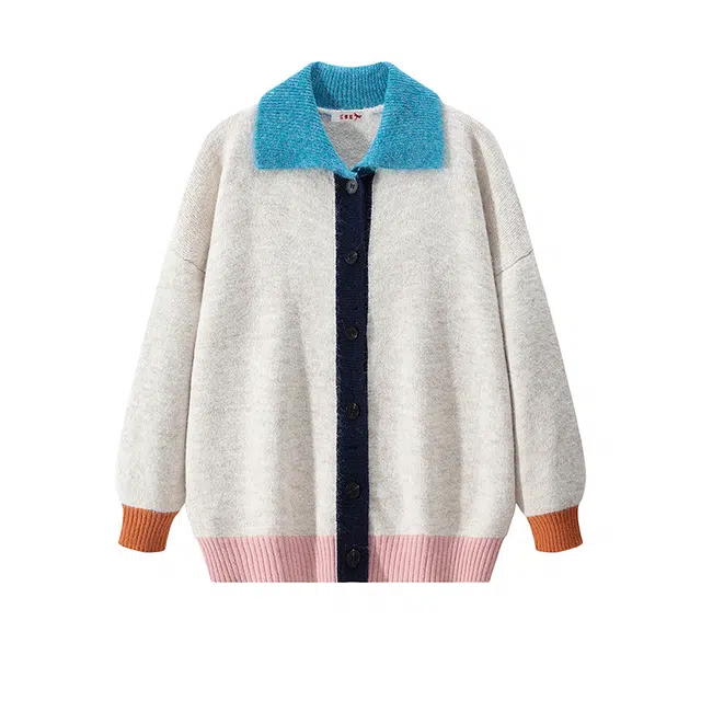 红蜻蜓 小众设计感撞色翻领开衫外套休闲时尚拼色多彩舒适柔软针织衫 女款