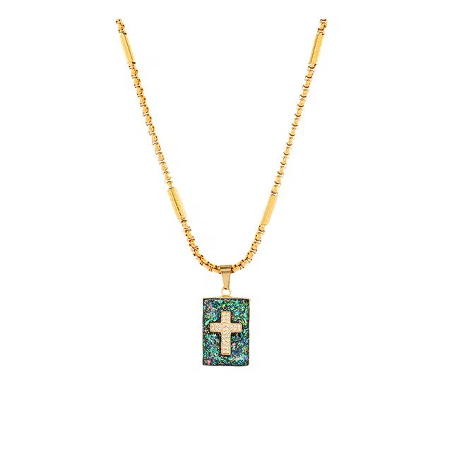 暖瞳 欧美十字架绿色方牌吊坠 轻奢小众美式嘻哈配饰古巴链 钛钢 项链 男款