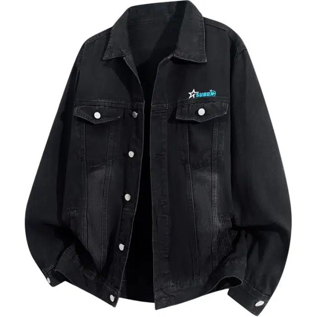 苏北青年 美式高街复古品牌字母设计水洗做旧高级感个性纯色拉链痞帅潮流舒适休闲百搭时尚翻领落肩长袖牛仔外套 男女同款