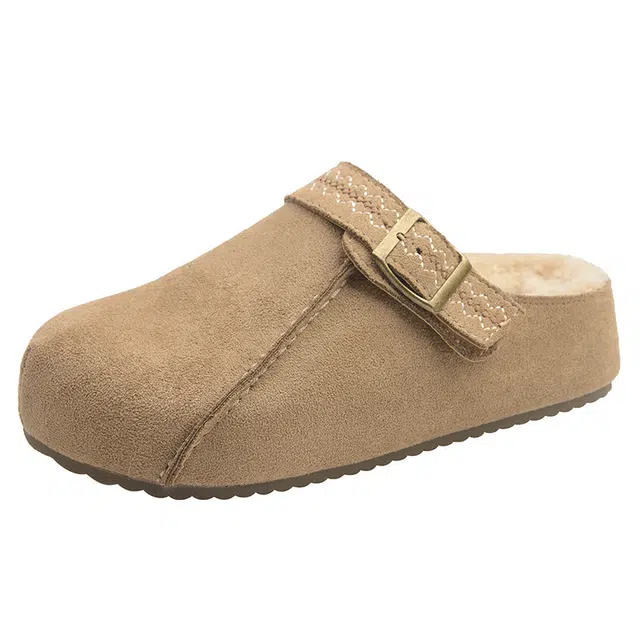 拾伍象 复古厚底加绒勃肯鞋 橡胶底包头半拖鞋 女