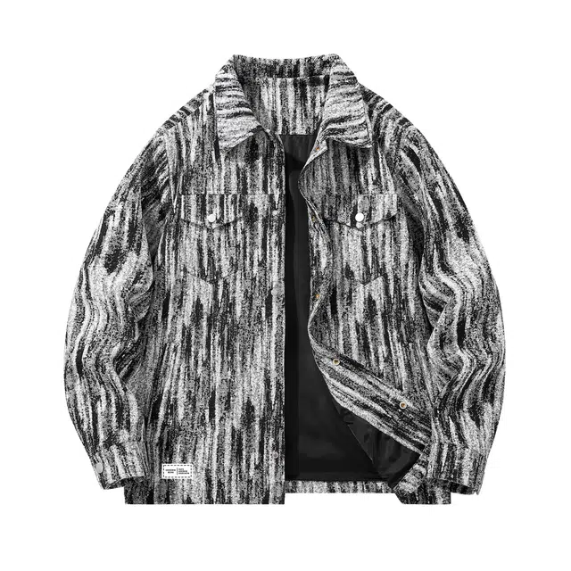 萌芽熊 美式高街系列复古扎染色织提花小香风情侣工装衬衫式按扣外套宽松个性百搭潮流学院风开衫夹克 男女同款