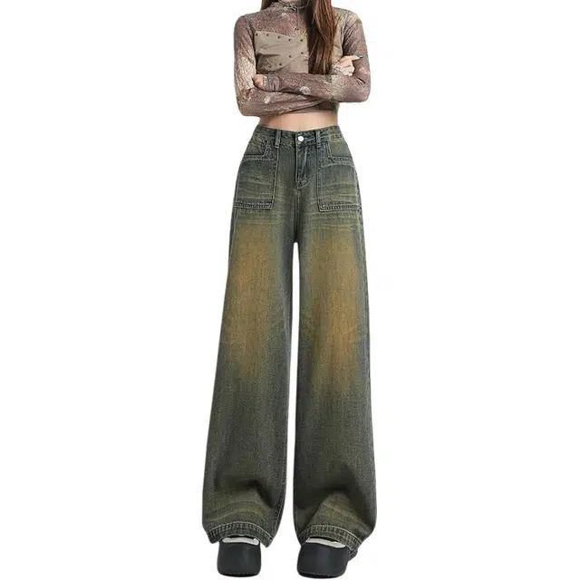 如续 怀旧复古阔腿高腰宽松显瘦梨形身材直筒牛仔裤 女款
