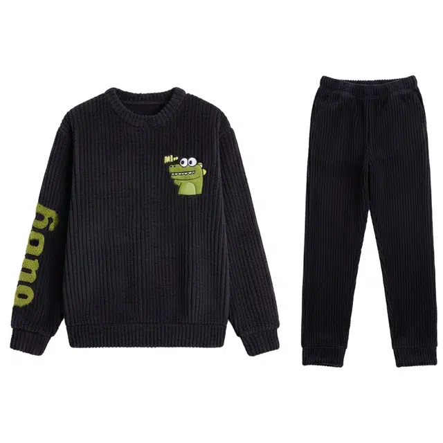 俏霓桐 加厚加绒珊瑚绒保暖秋冬季青少年学生简约可外穿家居服睡衣套装 男款