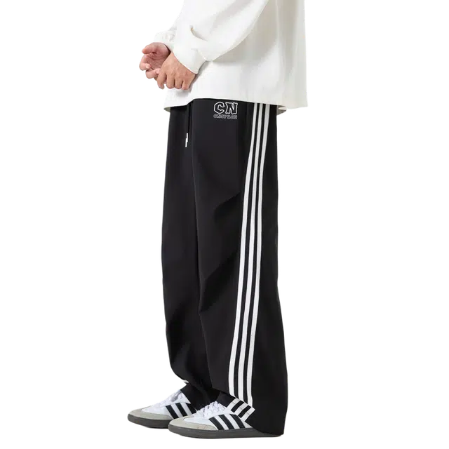 中国航天 美式复古撞色条纹拼接潮流百搭阔腿裤嘻哈街头舒适亲肤透气卫裤日常通勤宽松运动垂感拖地直筒休闲裤 男女同款
