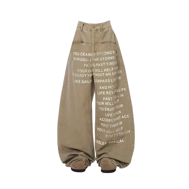 笔杏 潮牌工装字母印花阔腿裤高街小众设计感美式复古卡其色流行风格街头宽松老爹裤牛仔裤 男女同款