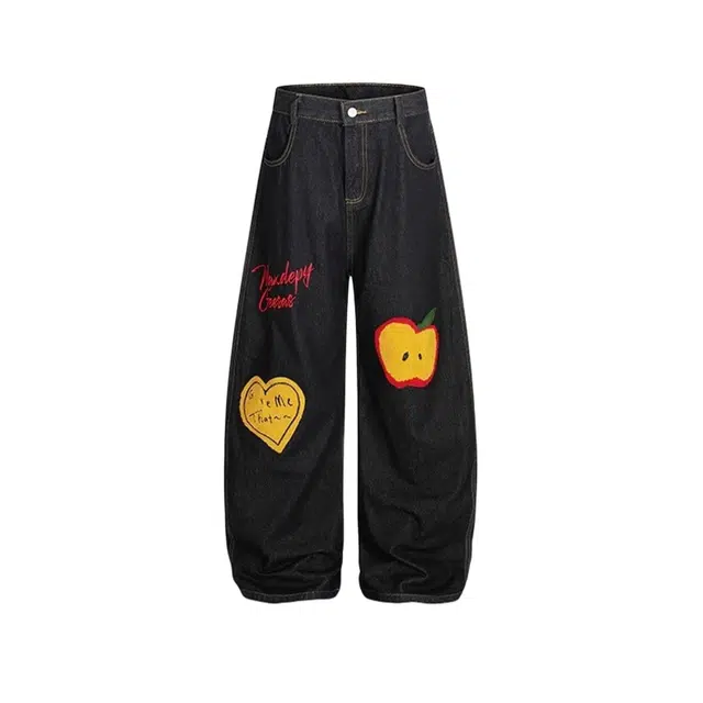 轻迎 美式复古苹果爱心植绒黑色宽松弯刀阔腿裤 牛仔裤 男款