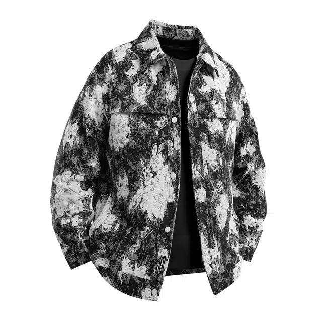 萌芽熊 美式高街系列外套扎染植物提花复古小香风情侣工装衬衫式个性百搭潮流宽松开衫学院风夹克 男女同款