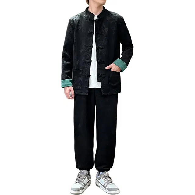 加荣 中国风复古青年鹿皮绒唐装新中式盘扣立领束脚裤衬衫套装 男女同款