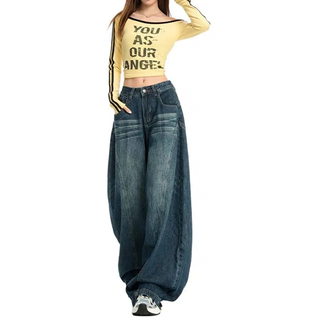 如续 美式复古水洗做旧阔腿拼接设计感直筒长裤百搭基础款垂感通勤牛仔裤 女款