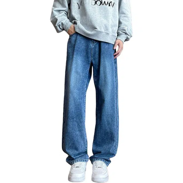 法文箱子 高街宽松直筒潮流百搭休闲阔腿牛仔裤 男款