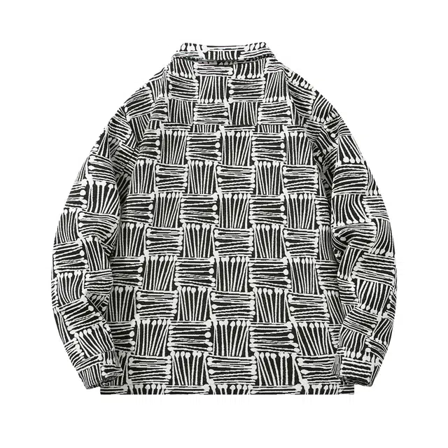 萌芽熊 美式高街系列外套格子几何提花复古小香风美拉德色系情侣工装衬衫式个性百搭潮流宽松开衫日常夹克 男女同款