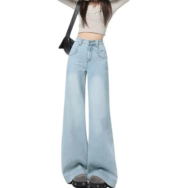 如续 浅色大喇叭高腰宽松显瘦垂感梨形遮胯拖地牛仔裤 女款