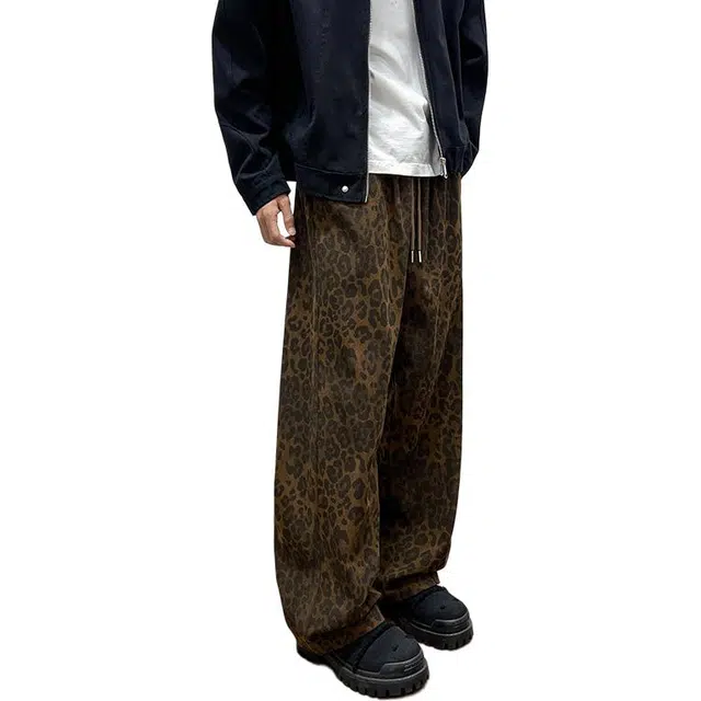 洋气先生 洋气潮牌美式复古豹纹设计宽松时尚潮流街头无性别主义日常通勤百搭立体舒适高颜值直筒阔腿显高显瘦系带长裤子 休闲裤 男女同款