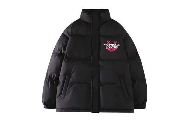 宜而爽 美式高街复古户外运动创意荧光线条恶魔笑脸图案字母印花宽松休闲加厚保暖立领防风棉衣面包服外套日常通勤百搭棉服 男女同款