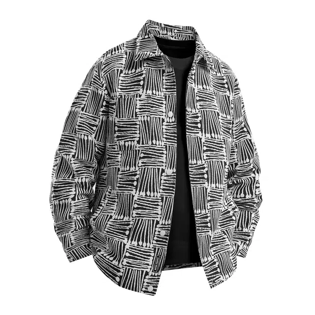 萌芽熊 美式高街系列外套格子几何提花复古小香风美拉德色系情侣工装衬衫式个性百搭潮流宽松开衫学院风夹克 男女同款