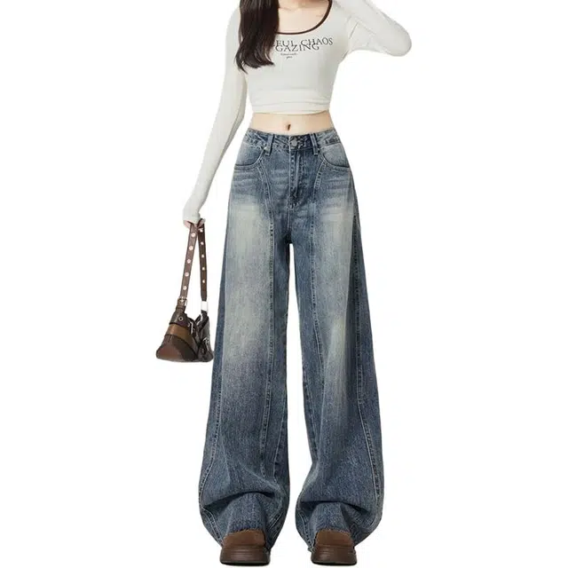 如续 美式复古百搭宽松阔腿弯刀长裤潮流舒适休闲垂坠感时尚牛仔裤 女款