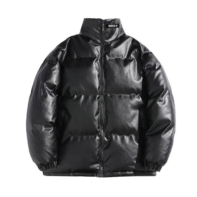 巴塞罗那足球俱乐部 美式复古纯色亮面基础款百搭面包服嘻哈街头格子感耐磨拉链宽松休闲加厚保暖防寒立领皮外套棉服 男女同款
