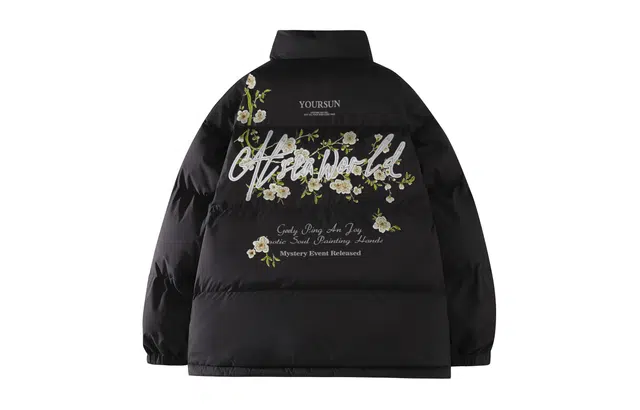 宜而爽 美式街头复古户外运动国潮仿刺绣花卉字母印花宽松休闲运动加厚保暖立领防风棉衣面包服外套日常通勤百搭棉服 男女同款