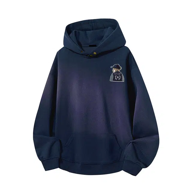 范索米 秋季学院风 设计款小熊图案纽扣装饰连帽时尚百搭宽松卫衣情侣 男女同款