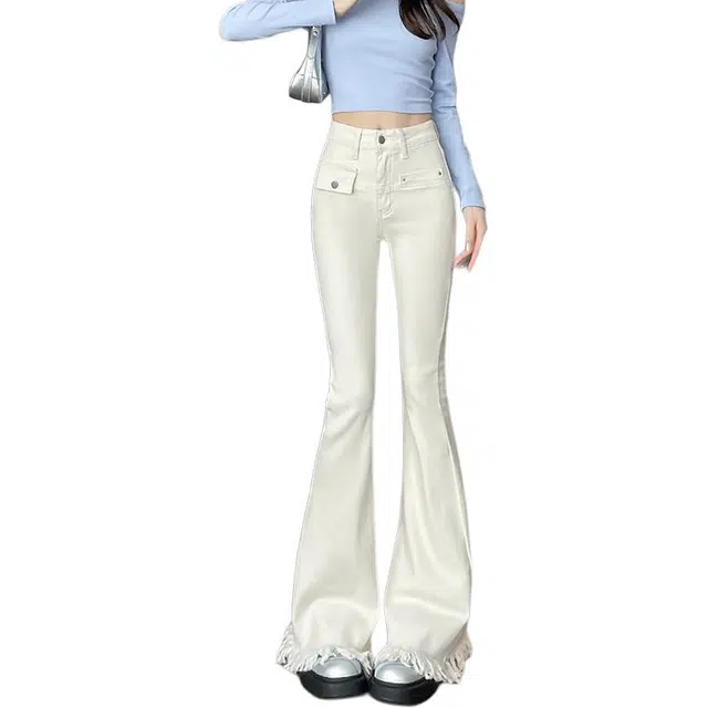 如续 流苏高腰微喇修身显瘦设计感九分喇叭牛仔裤 女款