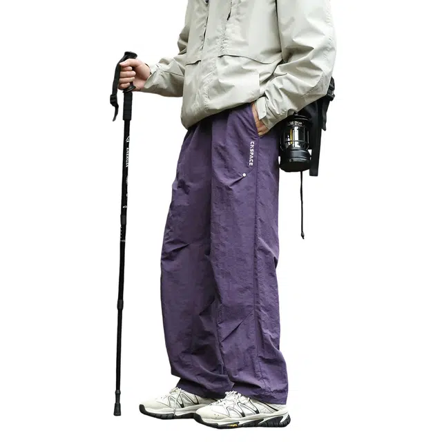 中国航天 美式复古高街柳钉褶皱微喇弯刀流显高设计宽松直筒阔腿垂感弹力显瘦织带抽绳机能风防水伐木伞兵工装裤休闲裤 男女同款