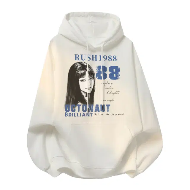 海底小纵队 美式复古国潮流卡通二次元印花签名字母日常文艺学生百搭休闲宽松柔软亲肤加绒加厚青少年外套秋冬圆领套头连帽卫衣 男女同款