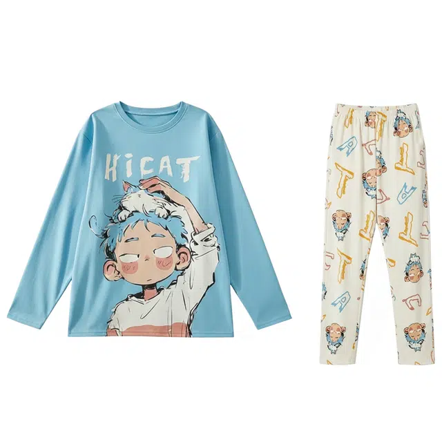 俏霓桐 秋冬季青少年学生卡通舒适纯棉圆领可外穿家居服睡衣套装 男款