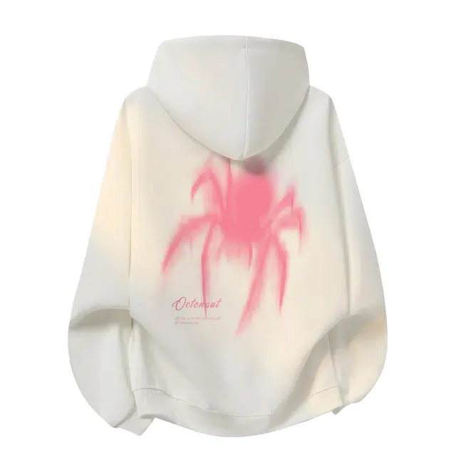 海底小纵队 美式复古后背烟雾蜘蛛印花品牌字母文艺学生情侣百搭休闲户外运动宽松保暖肤加绒加厚青少年外套秋冬圆领套头连帽卫衣 男女同款