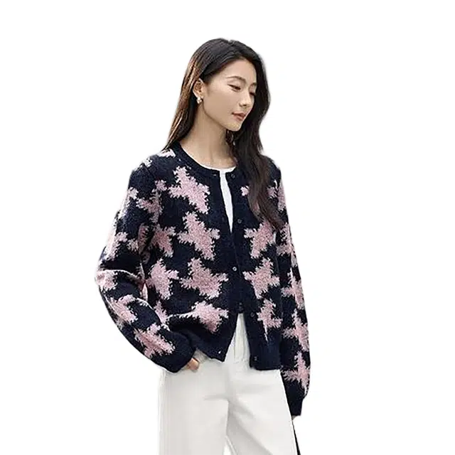 佐塞斯 高端品质轻奢不规则提花撞色羊毛开衫女秋冬季加厚时髦短外套针织衫 女款