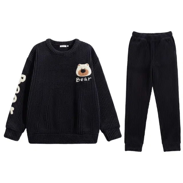 俏霓桐 卡通小熊圆领加厚加绒珊瑚绒保暖秋冬季青少年学生简约可外穿家居服睡衣套装 男款