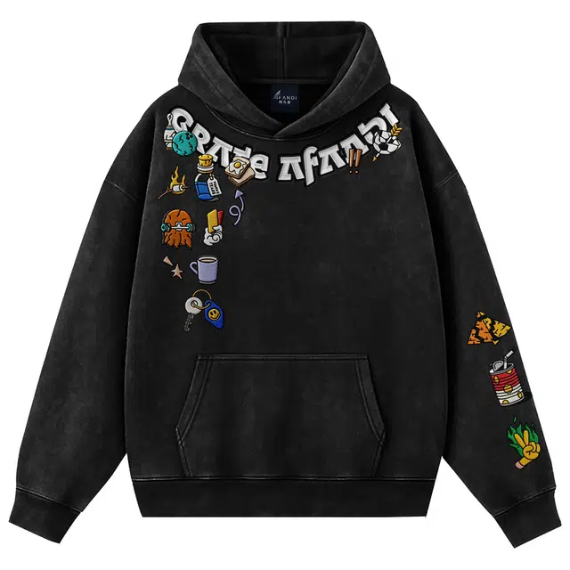 阿凡迪 水洗做旧质感美式高街复古高级感创意多元素涂鸦印花宽松落肩学院风百搭透气简约休闲时尚通勤舒适潮牌连帽卫衣 男女同款