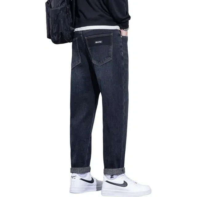 协协乐 美式复古做旧水洗潮牌秋冬季加绒加厚宽松直筒锥形萝卜九分裤青少年痞帅百搭休闲运动长裤牛仔裤 男款