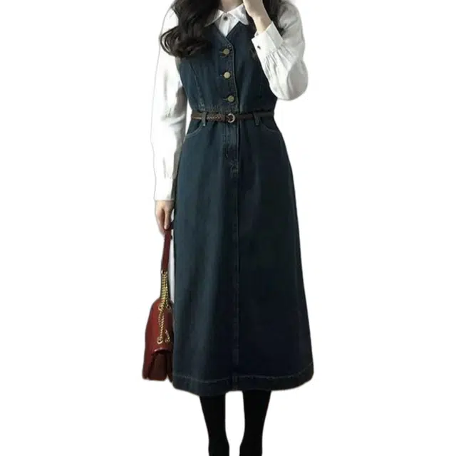 纤丝鸟 法式小香风牛仔裙复古气质显瘦背带套装长袖连衣裙 女款