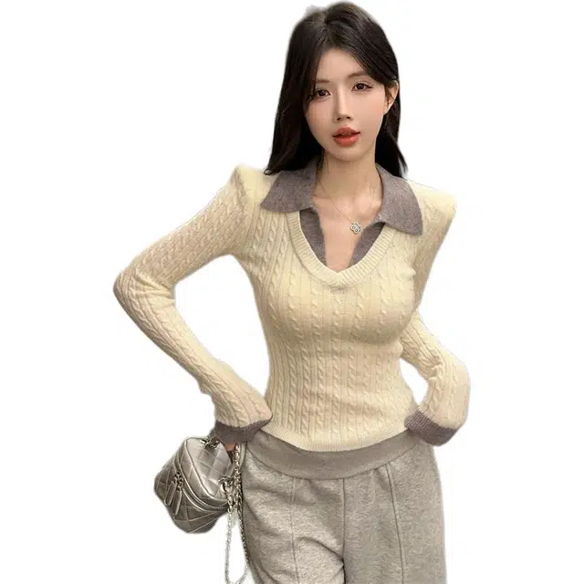 纤丝鸟 优雅时尚修身显瘦韩版显气质百搭复古设计感针织衫 女款