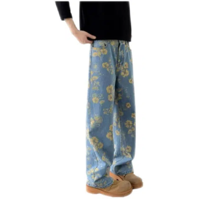 木木兔 重工印花图案高街高级感显瘦显高宽松阔腿裤高腰垂感拖地裤休闲运动牛仔裤 男款