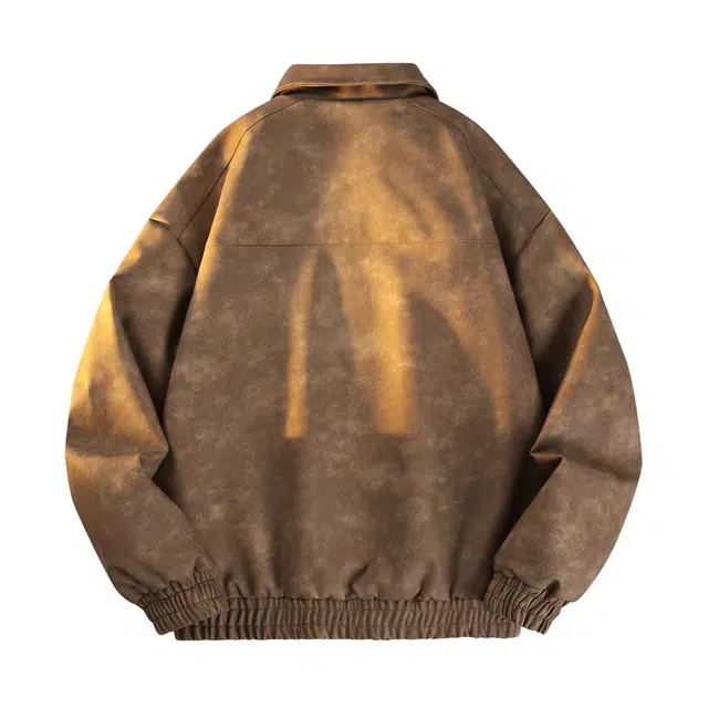 萌芽熊 美式高街美拉德色系情侣工装翻领机车飞行服水洗扎染个性百搭潮流宽松开衫学院风皮衣 男女同款