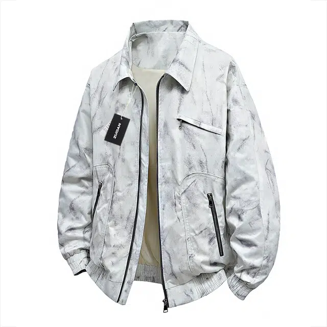 左岸 春秋季美式复古高街潮流百搭扎染印花开衫翻领上衣加肥加大码宽松休闲舒适防风底特律外套夹克 男款