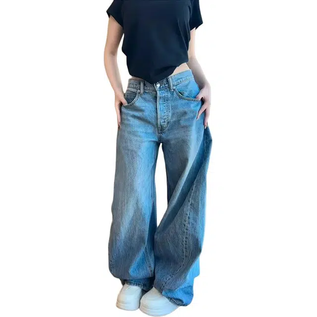 如续 美式复古辣妹工字母烫钻小众设计感直筒长裤潮流百搭阔腿垂坠感显瘦牛仔裤 女款