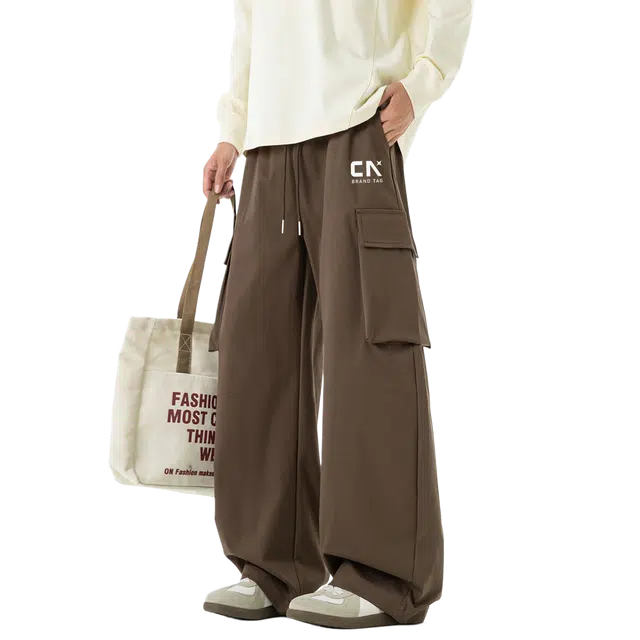 中国航天 宽松褶皱速干纯色伐木工装伞兵裤简约百搭时尚美式复古字母印花直筒阔腿运动高街潮流休闲裤 男女同款