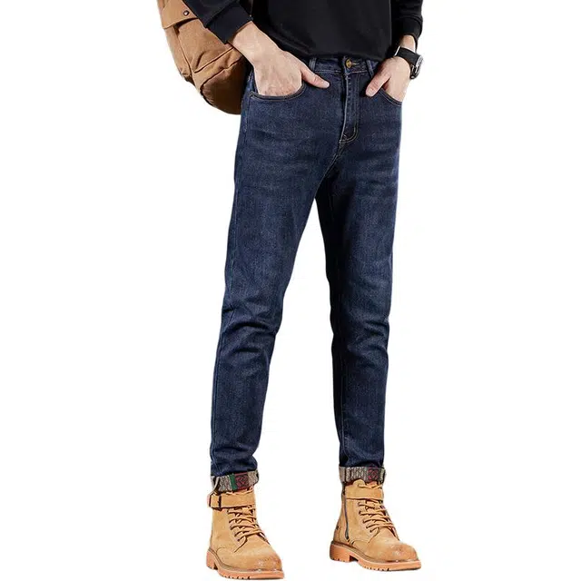 吉肯蒂 高端秋冬季加绒牛仔裤男高弹修身小脚显瘦韩版长裤 男款