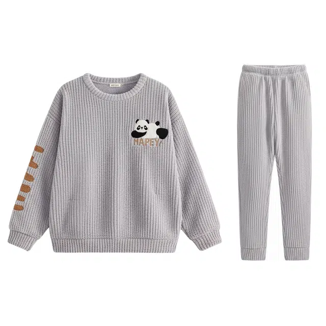 俏霓桐 卡通熊猫圆领加厚加绒珊瑚绒保暖秋冬季青少年学生简约可外穿家居服睡衣套装 男款