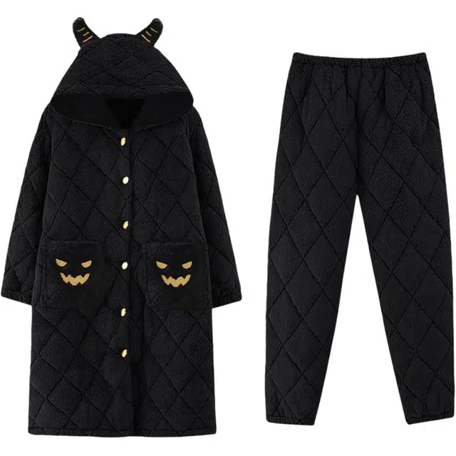 浮光岛屿 礼袋款 小恶魔夹棉珊瑚绒睡袍中长款加绒加厚保暖睡衣女冬季可外穿家居服 家居套装 女款 黑色