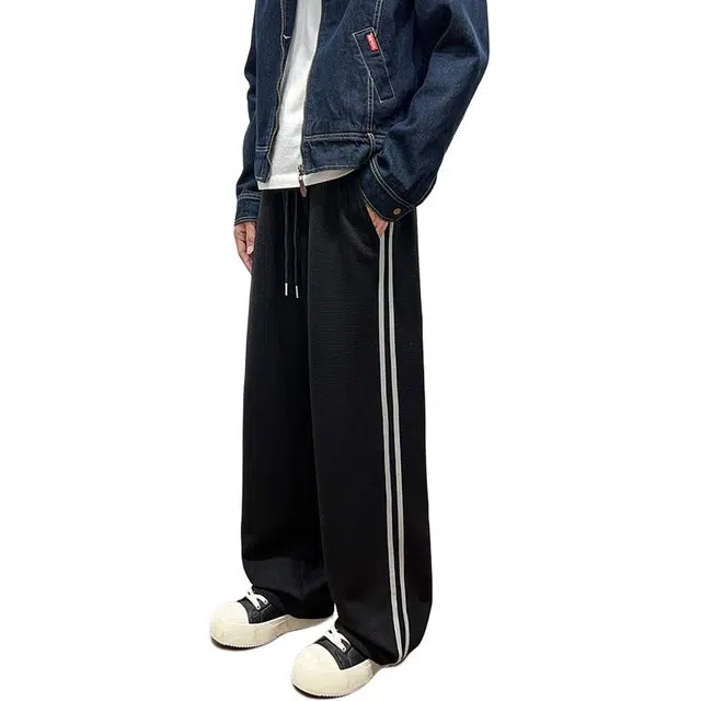 洋气先生 洋气潮牌美式痞帅纯色侧边两条杠条纹设计宽松学院风高颜值直筒垂感显高显瘦系带长裤子日常通勤户外运动时尚百搭休闲裤 男女同款