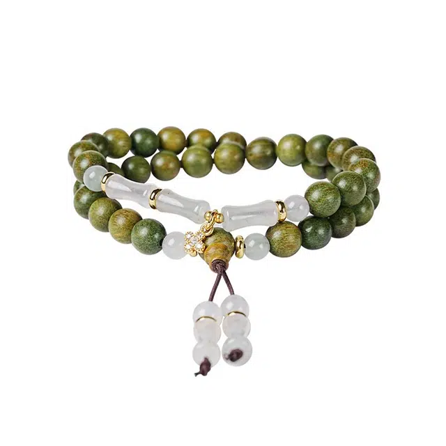 宣华意 【节节高升】新中式檀香竹节木质文玩佛珠 轻奢复古典雅精致 多圈叠戴 事业顺利#好运 绿檀 木作手串 女款