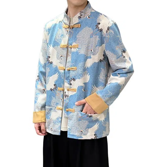 加荣 中国风仙鹤印花唐装盘扣立领衫潮流中山装新中式刺绣鹿皮绒夹克 男女同款