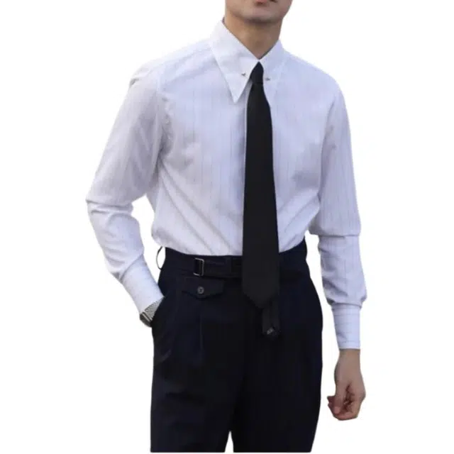 大格子与黑猫 意式长尖领绅士抗皱修身商务领针装饰帝国领长袖有型雅痞条纹 衬衫 男款