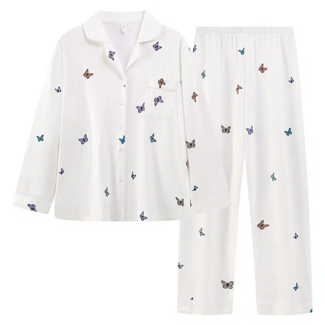 静英鸾 翻领甜美休闲简约蝴蝶亲肤舒适可外穿家居服睡衣套装 女款