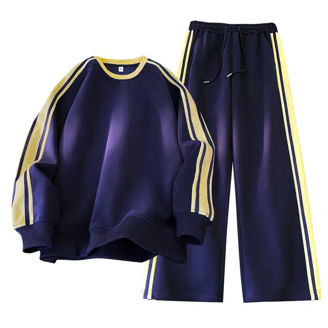 瑞梵帝斯 秋冬美式高街运动时尚撞色圆领袖子织带设计感潮流舒适简约宽松亲肤透气长袖长裤日常都市通勤休闲卫衣套装 男款