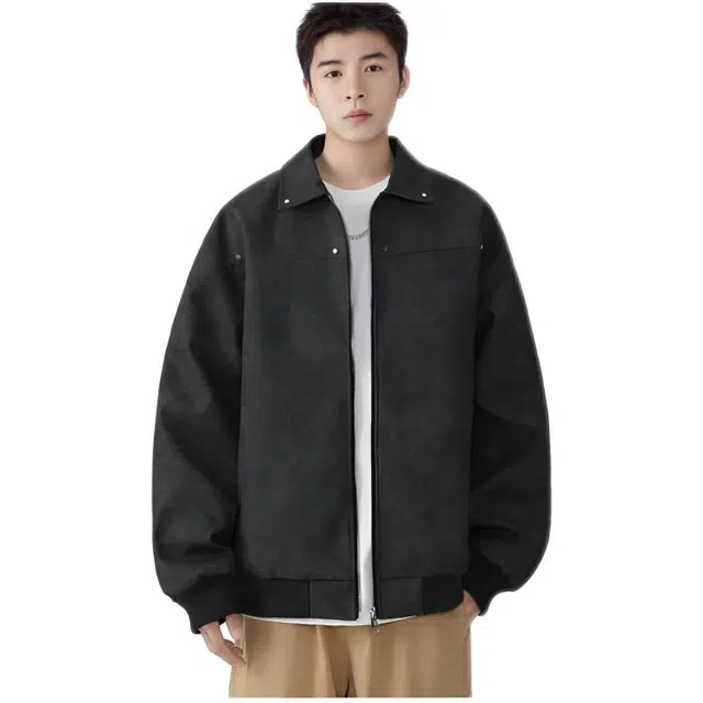 木木兔美式翻领外套 麂皮绒高级感复古宽松机车服夹克 儿童款